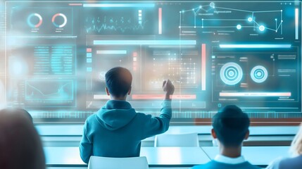 2. "A futuristic educational dashboard displaying real-time data analysis of student performance and adaptive curriculum adjustments, set in a modern classroom setting