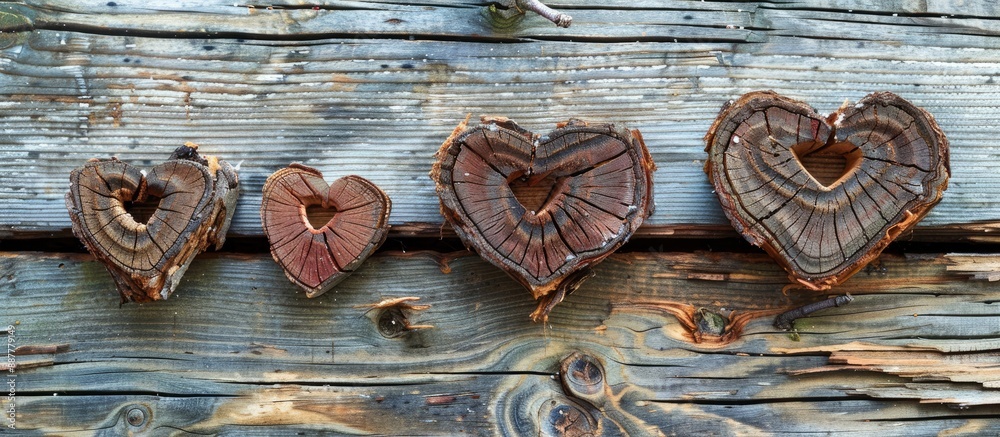 Aufkleber winter love depicted on a wooden backdrop with heart shapes cut out of tree bark creating a cozy and