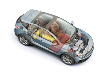 Hydrogen car technical cutaway 3D rendering.