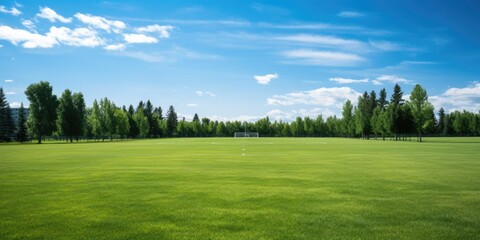 Fototapeta premium Serene Panoramic Landscape of Vacant Lacrosse Field with Pristine Field and Absence of Spectators