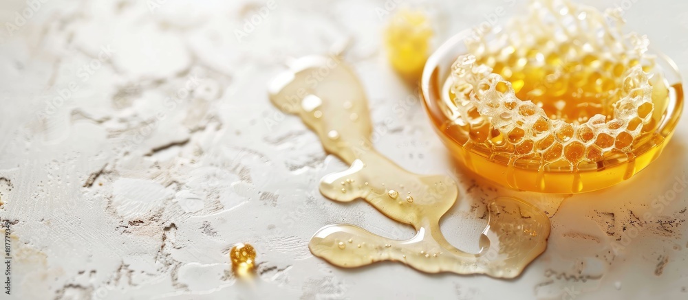 Poster Close up view of honey and beeswax on a white background with copy space image