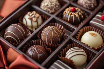 An assortment of luxury chocolates in a gift box, featuring various shapes, flavors, and decorative designs, perfect for a special occasion.