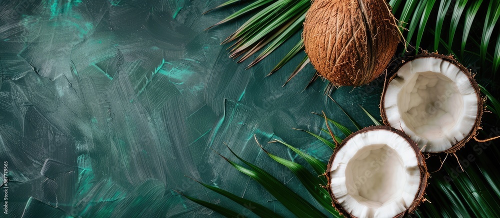 Aufkleber coconut halved over palm leaf with copy space image
