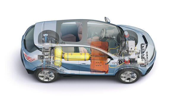 Hydrogen car technical cutaway 3D rendering.
