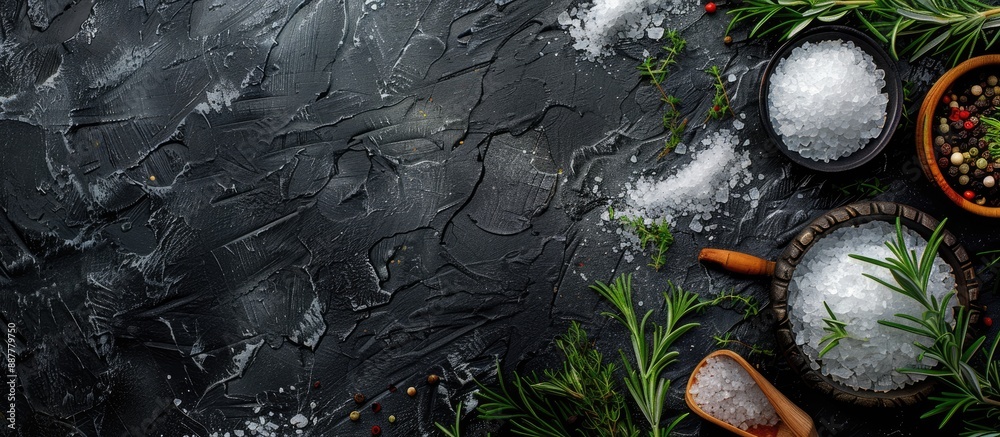 Leinwandbilder top view of a dark stone table with salt and herbs creating a food cooking background perfect for a 
