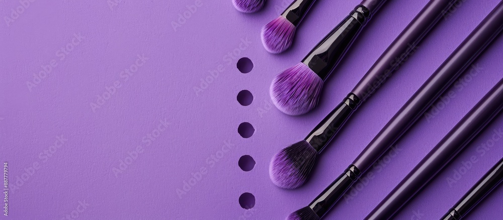 Poster a purple backdrop showcasing a set of professional makeup brushes surrounded by holes with ample cop
