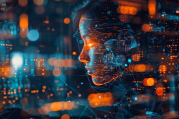 A digital representation of a woman's face composed of data visualizations and glowing lights, symbolizing technology and artificial intelligence.