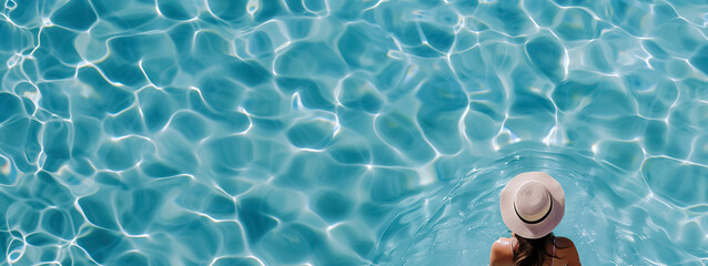 Woman in a swimming pool. Aerial view. Minimalist style.