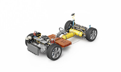 Hydrogen car technical under carriage 3D rendering.