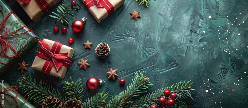 Poster Festive holiday season with Christmas decorations showcased in a flat lay style with space for text in the image. with copy space image. Place for adding text or design