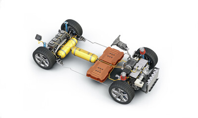 Hydrogen car technical under carriage 3D rendering.