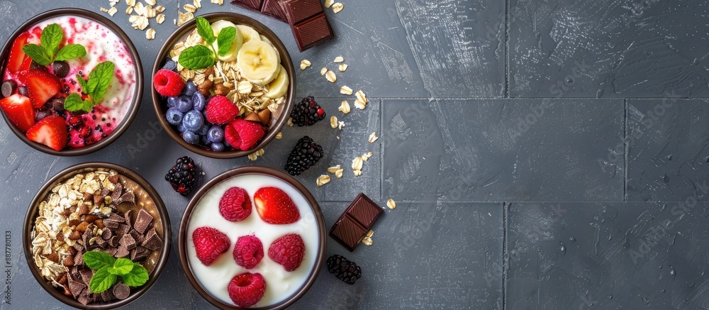 Poster healthy breakfast concept with a frame of oatmeal bowls topped with chocolate fruit and yogurt set a