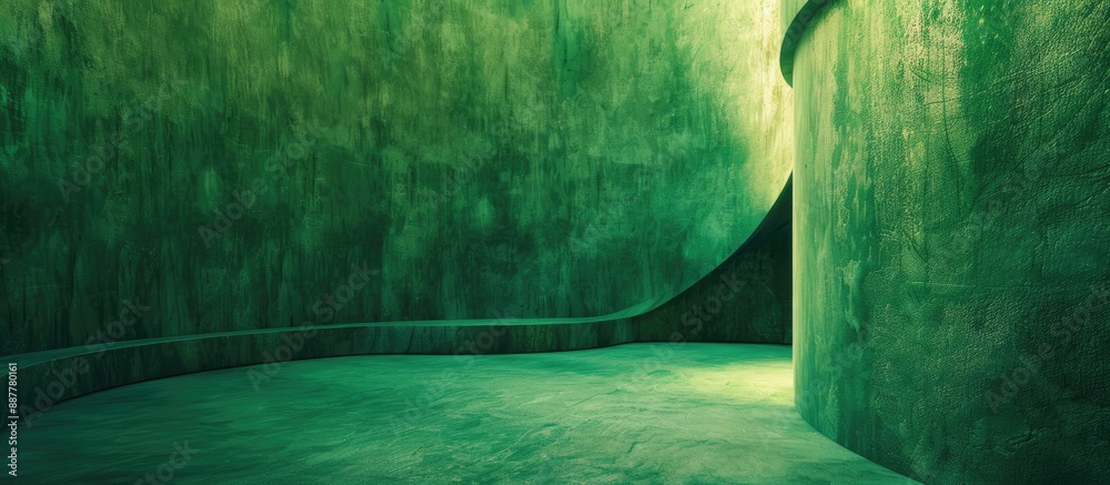 Poster Curved green textured background with space for text ideal for presentations or banners with a blank wall and floor to add depth to the image. with copy space image. Place for adding text or design