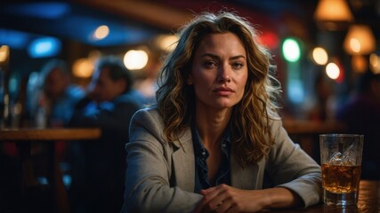 A thoughtful woman with wavy hair and a blazer sits at a bar with a drink, surrounded by warm lighting, reflecting on her thoughts.
