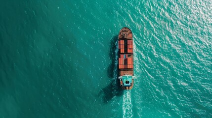 Cargo Ship at Sunset: A majestic cargo ship sails across the vast ocean at sunset, its colorful containers reflecting the golden light. This aerial view captures the power and beauty of global trade.