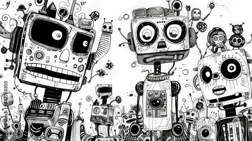 Poster Group of playful doodle robots in black and white with various expressions and mechanical details. Concept of fun robotic illustrations and creativity.