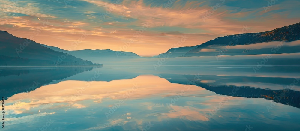 Aufkleber mountain silhouettes and a golden dawn sky reflect over a lake beneath a blanket of clouds creating 