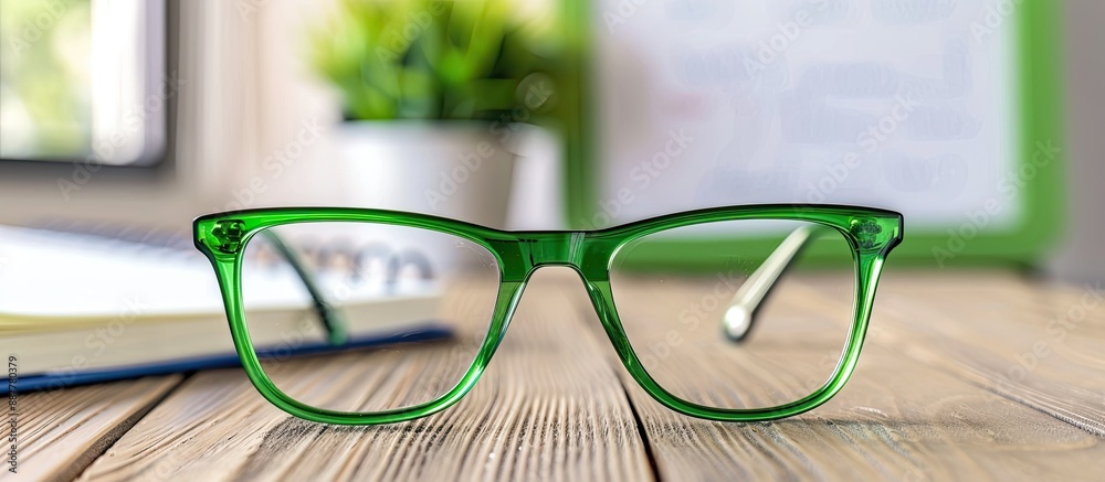 Poster a pair of green glasses on a wooden table with a notebook a plant and a whiteboard in the background