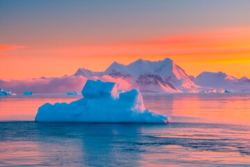 Iceberg floating in calm Arctic waters at sunset with snow-covered mountains in the background