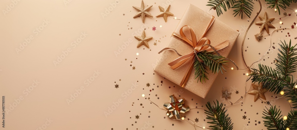 Poster festive flat lay background featuring a christmas gift card box with ample copy space image