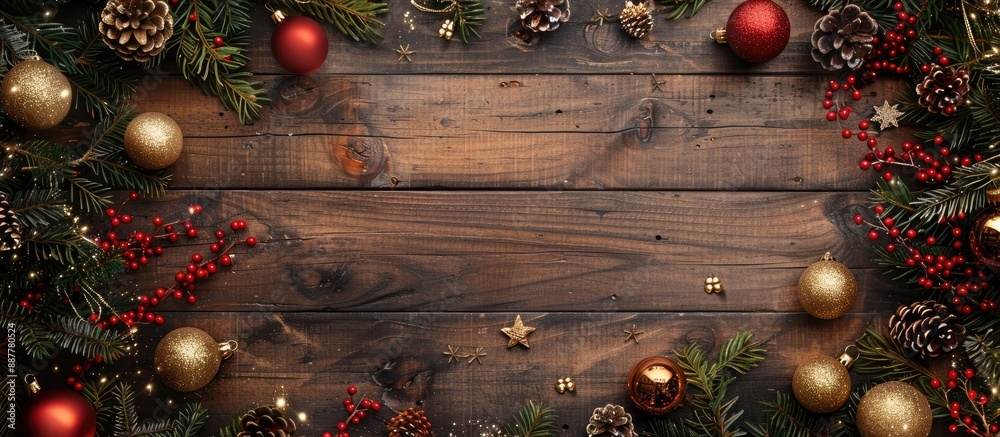 Poster Festive Christmas design on a wooden backdrop for a New Year themed greeting card with ample copy space image captured in a flat lay top view