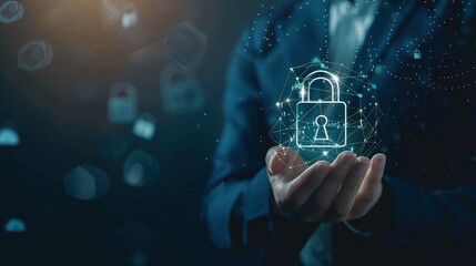Businessman holding padlock protect icon,virtual screen interface,protecting data personal and network information,cyber security technology with data protection privacy concept,eb banner panoramic. 