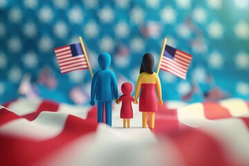 Family Holding American Flags on Patriotic Background
