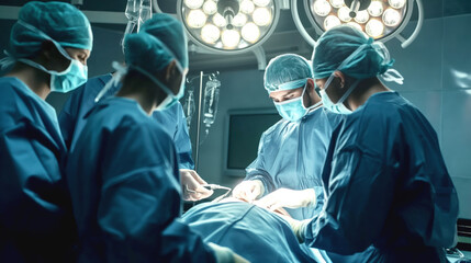 A team of surgeons performing surgery on a patient in an operating room under bright surgical lights.