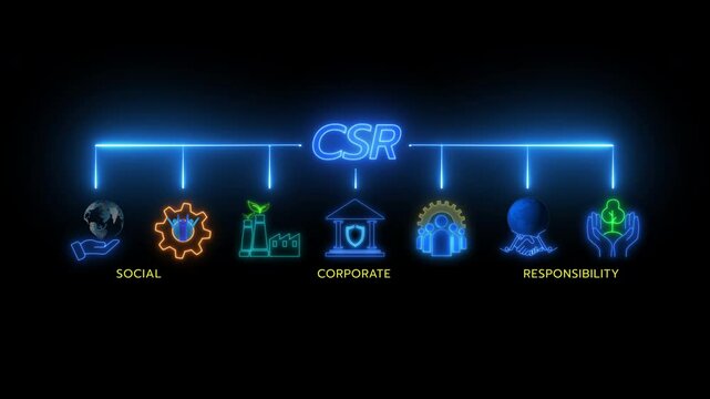 CSR concept for business and organization. Corporate social responsibility and giving back to the community. Glowing neon line banner of CSR icons concept isolated on transparent background.