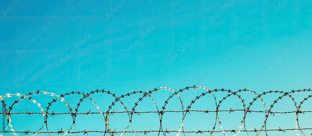 Poster Barbed wire against a clear blue sky is commonly seen bordering prisons country boundaries or private properties creating a visual with ample copy space for themes like restricted areas illegal immig