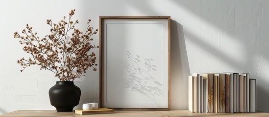 Wooden picture frame mockup on a table in a minimalist Scandi boho home office with dry flowers in a black organic vase old books and a white wall background creating an aesthetic with empty copy spa