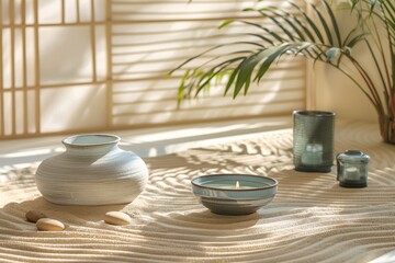 Zen-inspired still life with candles, vases, and palm leaves on a sandy surface.