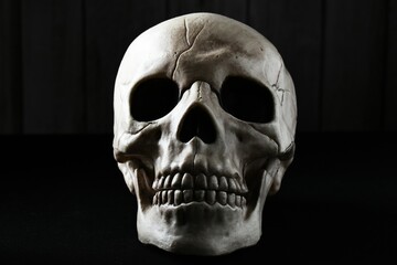 Dark light skull on a table, dark photography.