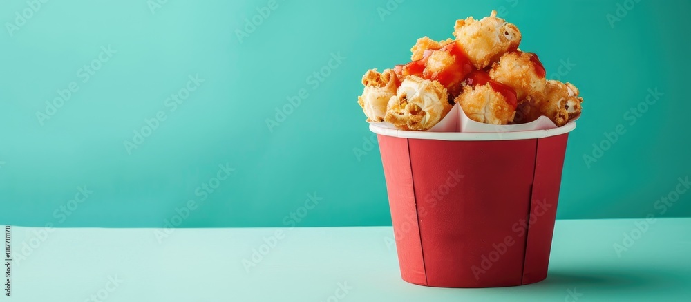 Poster Colorful background showcases a paper bucket filled with delicious popcorn chicken and tomato sauce creating an appealing copy space image