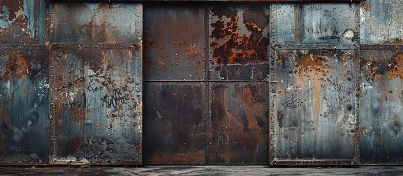 A worn metal door at an abandoned warehouse with plenty of copy space image