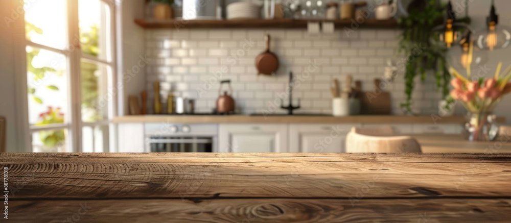 Leinwandbilder blurry kitchen setting with a tabletop creating a copy space image