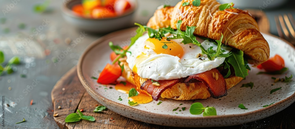 Poster breakfast plate featuring a croissant sandwich topped with a poached egg displayed in a copy space i