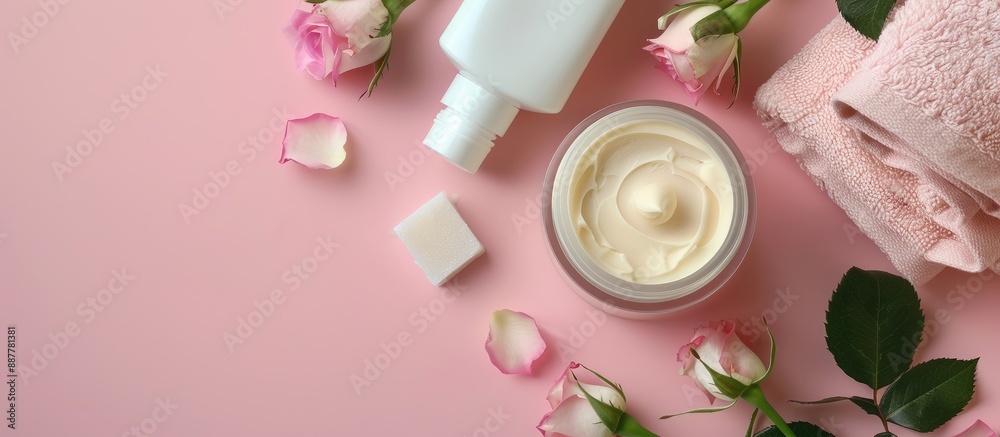 Poster a natural spa cosmetics concept is depicted in a flat lay top view with an open jar of cream a white