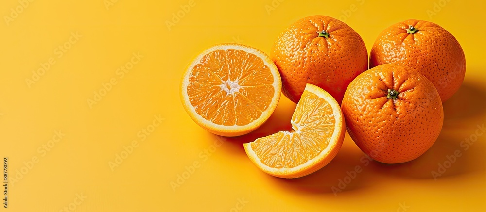Fototapete cut oranges with a detailed texture on a yellow background clipping path included for copy space ima