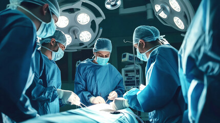 A surgical team operates in a well-lit operating room. The surgeons are wearing blue surgical gowns, masks, and gloves, focusing intently on the procedure.
