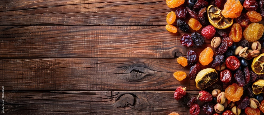 Aufkleber top view of assorted dried fruits on a wooden surface with copy space image promoting a healthy life