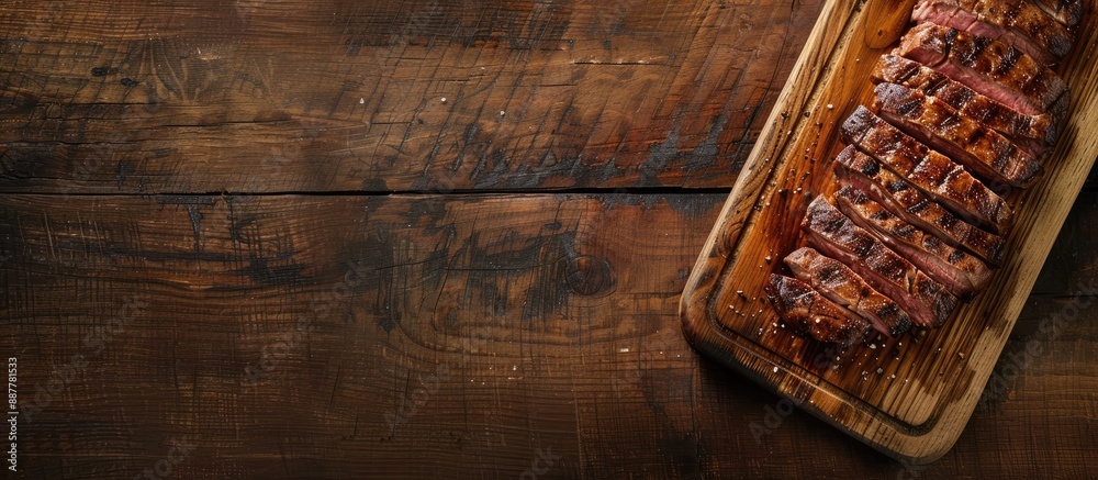 Aufkleber top view of a wooden cutting board with a grilled beef steak featuring ample copy space in the image