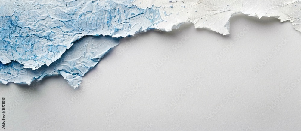 Poster white and blue rice paper with torn edges on white background with copy space image