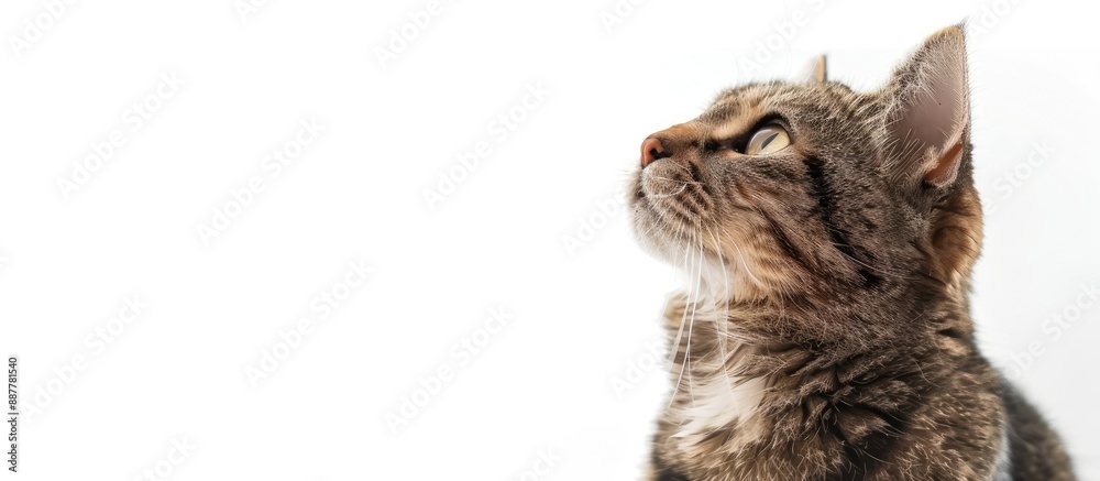 Poster A cat isolated on a white background sitting and gazing upwards with copy space image