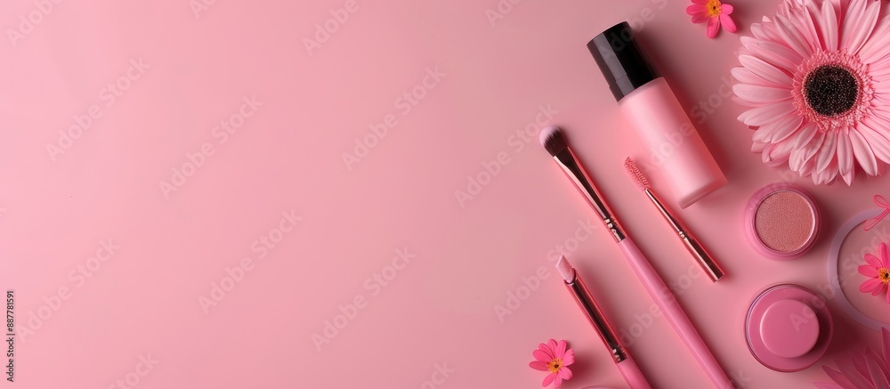 Aufkleber Flat lay arrangement features various decorative makeup products and a card on a soft pastel pink backdrop with ample copy space image