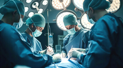 Group of surgeons performing surgery in an operating room under bright surgical lights.
