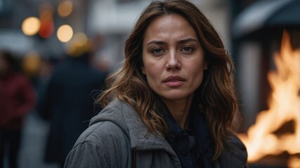 Fototapeta premium A woman with wavy hair in a winter coat stands on a busy city street, illuminated by warm lights, reflecting determination and resilience. 