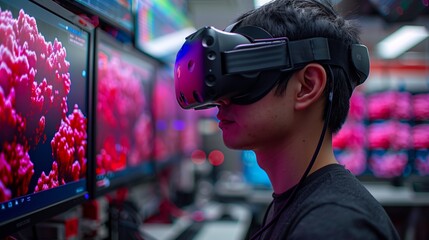 A scientist uses a VR headset to train in a simulated environment, with a computer screen showing a close-up of a molecular structure.