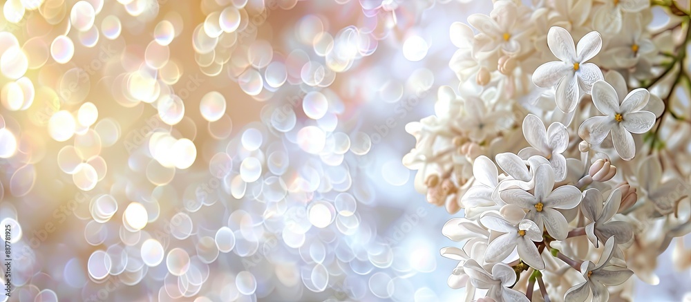 Poster Macro white lilac blooms on blurred backdrop with available copy space for web banners