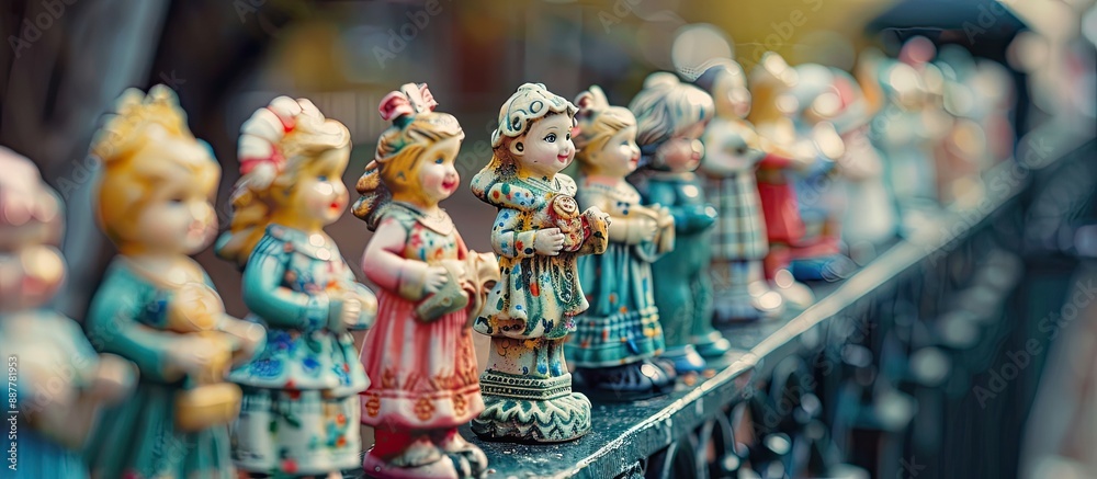 Aufkleber Charming ceramic dolls happily displayed on a fence with a blurred background creating a vintage setting perfect for a copy space image